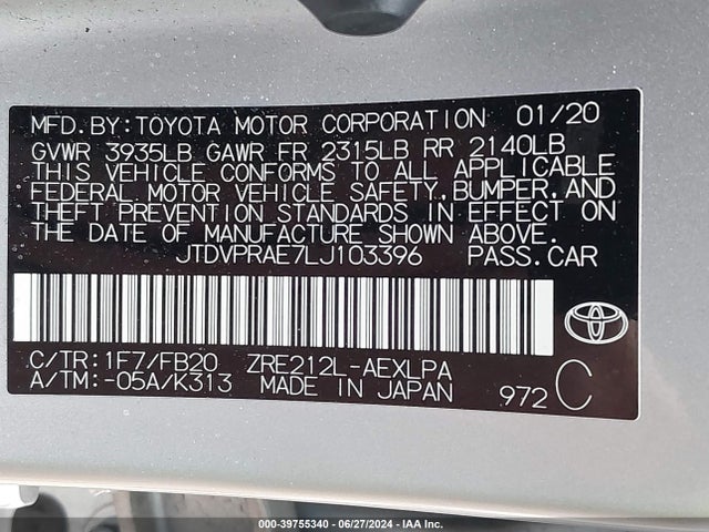 Toyota COROLLA LE 2020 JTDVPRAE7LJ103396 Image 9