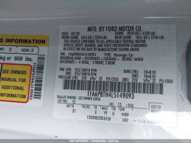 1FA6P8TH4L5149093 Ford Mustang Ecoboost Fastback
