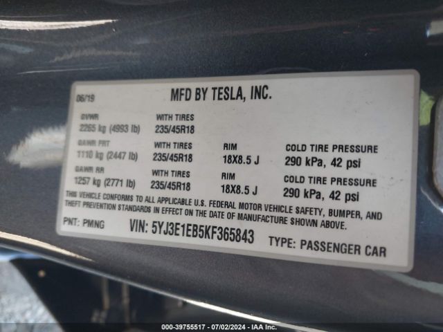 5YJ3E1EB5KF365843 Tesla Model 3 Long Range/performance