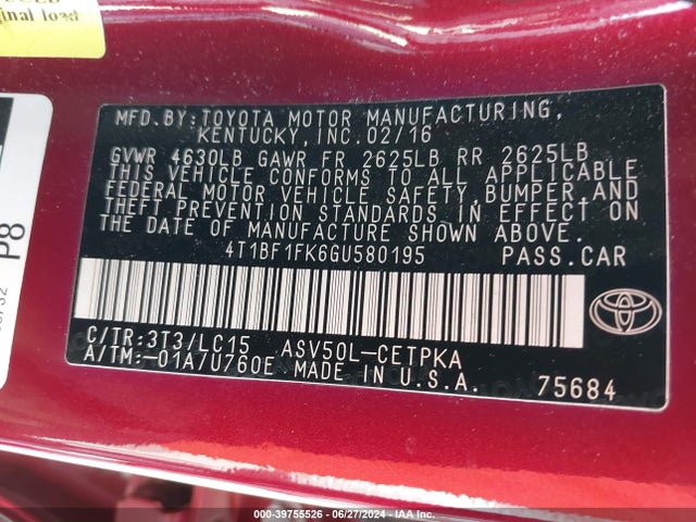 Toyota CAMRY XSE 2016 4T1BF1FK6GU580195 Image 9