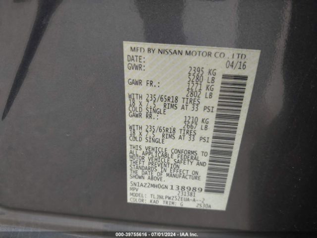 5N1AZ2MH0GN138989 Nissan MURANO S