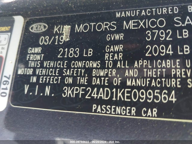 3KPF24AD1KE099564 KIA Forte Lxs
