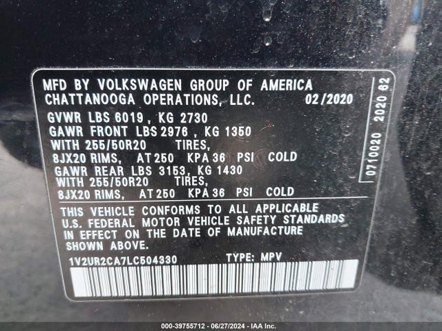 2020 Volkswagen Atlas 3.6l V6 Se W/technology მანქანა იყიდება აუქციონზე, vin: 1V2UR2CA7LC504330, აუქციონის ნომერი: 39755712