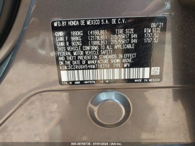 3CZRU6H54NM718356 Honda Hr-v Awd Ex