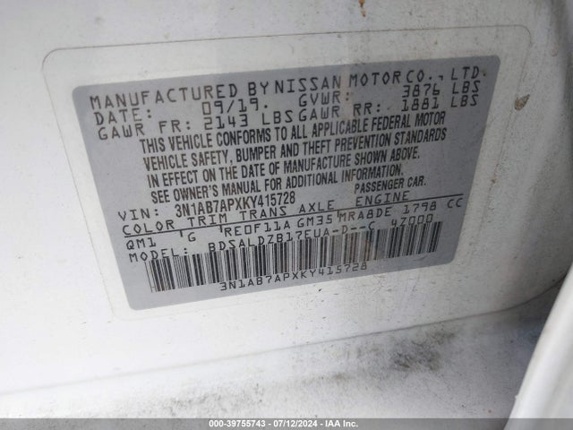 Nissan SENTRA SV 2019 3N1AB7APXKY415728 Image 9