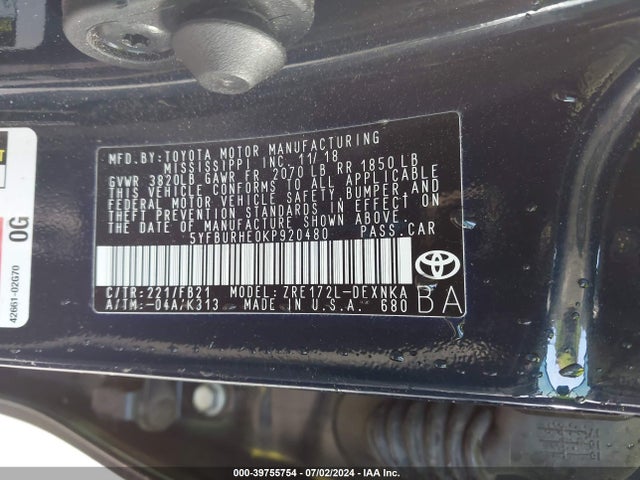 Toyota COROLLA LE 2019 5YFBURHE0KP920480 Image 9
