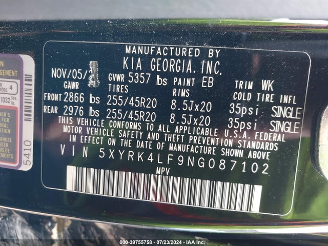 KIA SORENTO SX 2022 5XYRK4LF9NG087102 Image 9