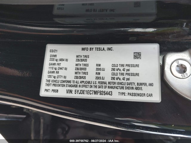 5YJ3E1EC7MF926443 Tesla Model 3 Performance Dual Motor All-wheel Drive