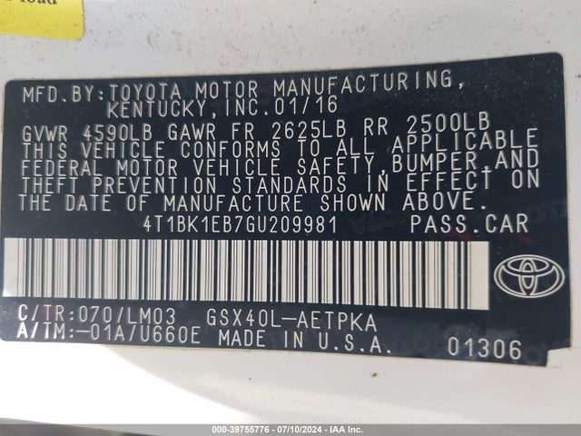 Toyota AVALON LIMITED 2016 4T1BK1EB7GU209981 Image 9
