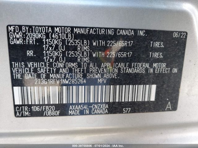 2T3G1RFV1NW285264 Toyota RAV4 LE
