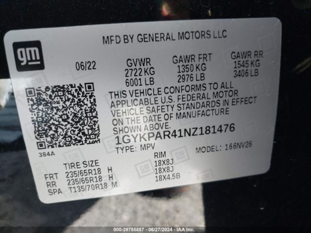 1GYKPAR41NZ181476 Cadillac Xt6 Fwd Luxury