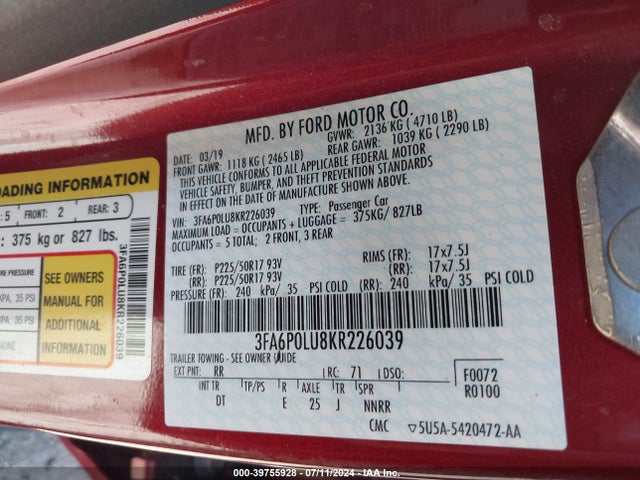 Ford Fusion Hybrid Se 2019 3FA6P0LU8KR226039 Image 9