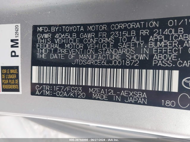 JTDS4RCE6LJ001872 Toyota COROLLA SE