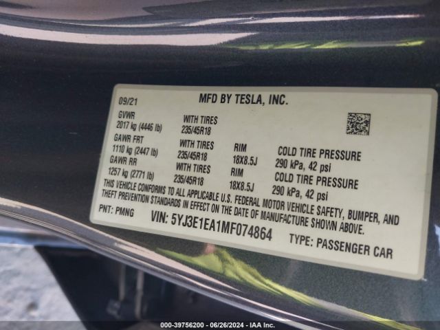 5YJ3E1EA1MF074864 Tesla Model 3 Standard Range Plus Rear-wheel Drive