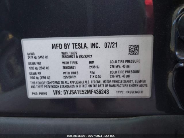 5YJSA1E52MF436243 Tesla Model S Long Range Dual Motor All-wheel Drive