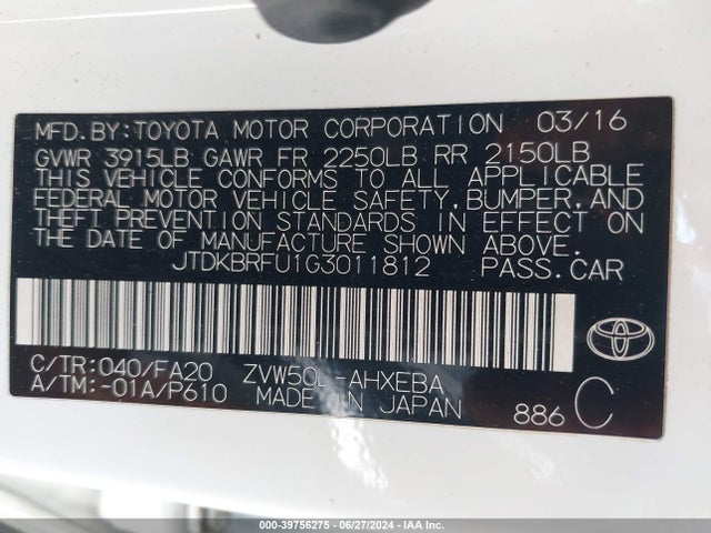 Toyota Prius Two 2016 JTDKBRFU1G3011812 Image 9