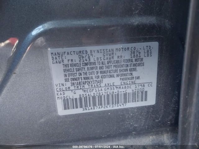 3N1AB7AP2KY375497 Nissan SENTRA SV