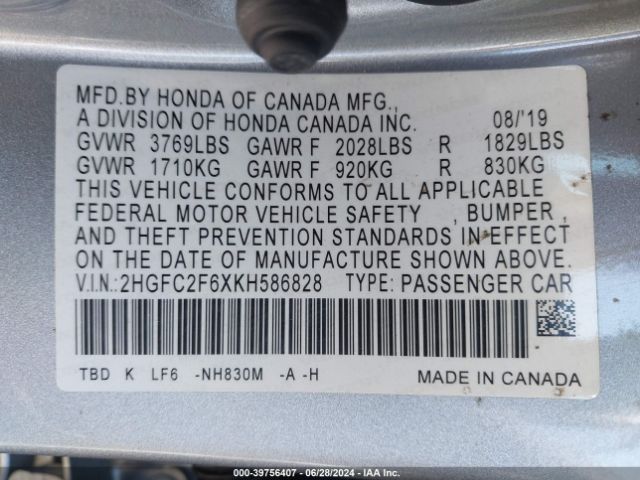 2HGFC2F6XKH586828 Honda Civic Lx