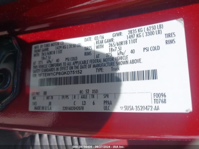 Ford F-150 Xlt 2016 1FTEW1CP8GKD75152 Image 9
