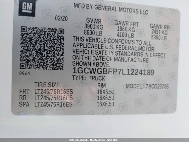 1GCWGBFP7L1224189 Chevrolet Express Cargo Rwd 2500 Extended Wheelbase Wt