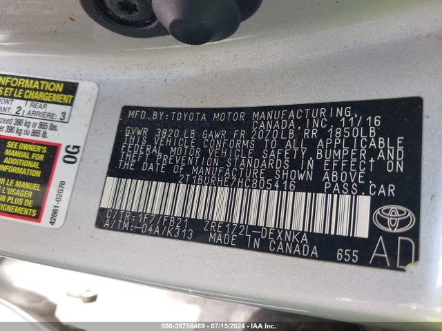 Toyota COROLLA LE 2017 2T1BURHE7HC805416 Image 9