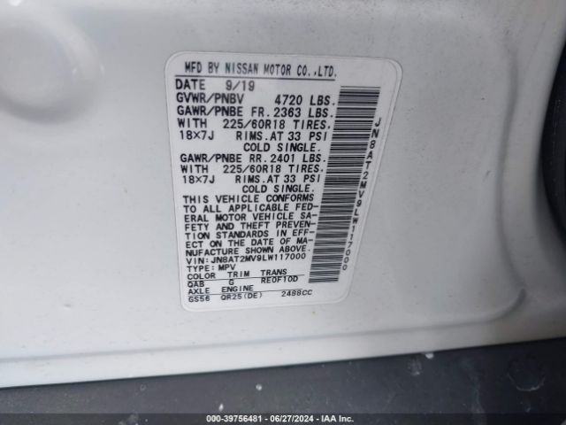 JN8AT2MV9LW117000 Nissan Rogue Sv Intelligent Awd