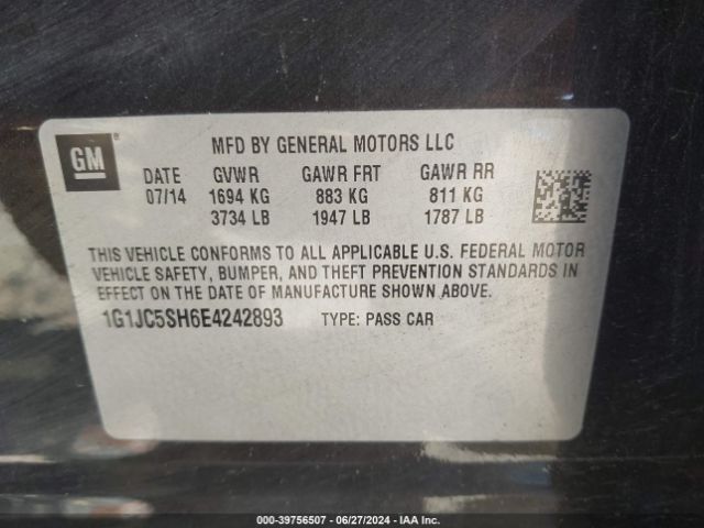 1G1JC5SH6E4242893 Chevrolet Sonic Lt Auto