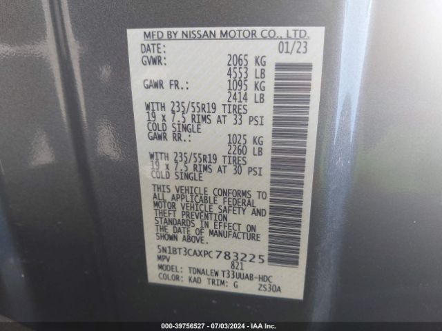 5N1BT3CAXPC783225 Nissan Rogue Sl Fwd