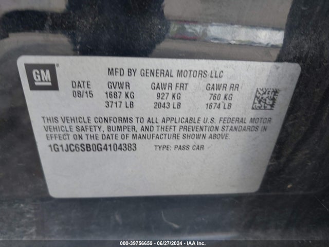 Chevrolet Sonic Lt Auto 2016 1G1JC6SB0G4104383 Image 9