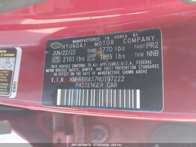 KMHRB8A37NU197222 Hyundai Venue Se