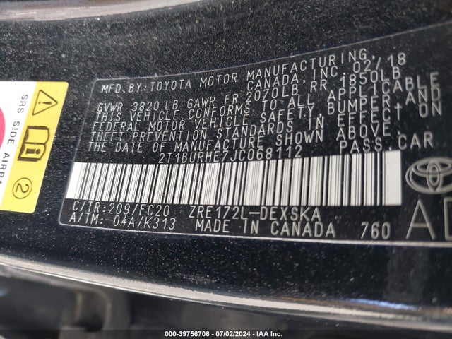 Toyota COROLLA SE 2018 2T1BURHE7JC068112 Image 9