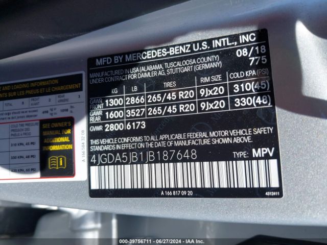 4JGDA5JB1JB187648 Mercedes-Benz GLE 350