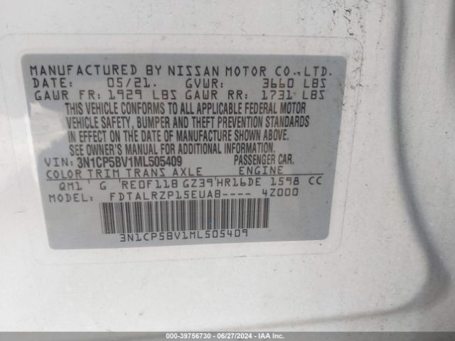 3N1CP5BV1ML505409 Nissan Kicks S Xtronic Cvt