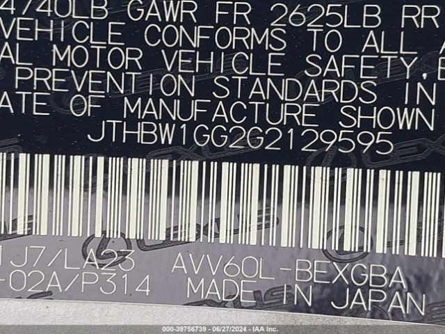JTHBW1GG2G2129595 Lexus ES 300H