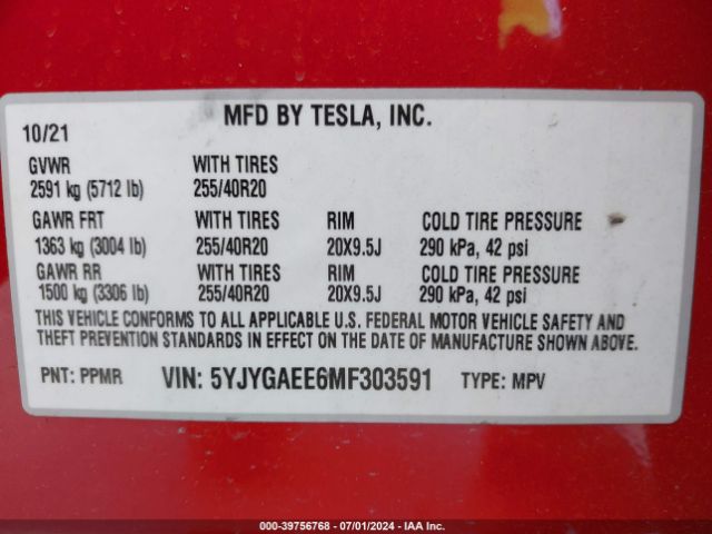 5YJYGAEE6MF303591 Tesla Model Y Long Range Dual Motor All-wheel Drive