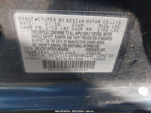 3N1CN7AP2GL803332 Nissan Versa 1.6 S/1.6 S+/1.6 Sl/1.6 Sv