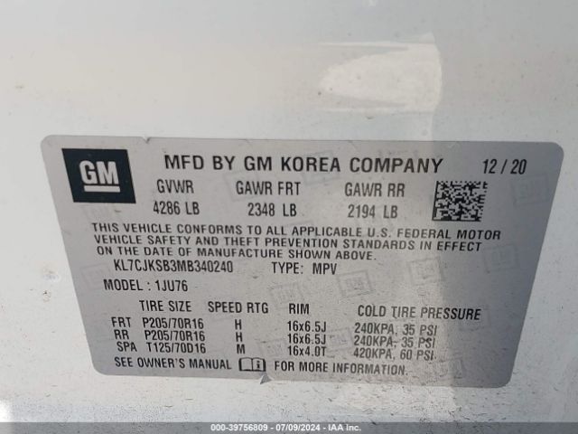 KL7CJKSB3MB340240 Chevrolet Trax Fwd Ls