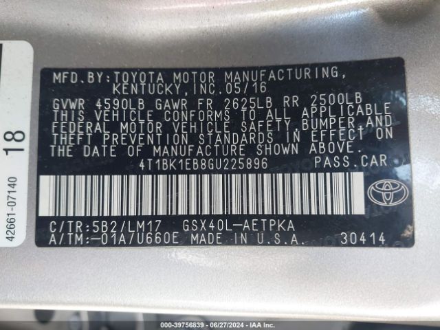 4T1BK1EB8GU225896 Toyota AVALON LIMITED