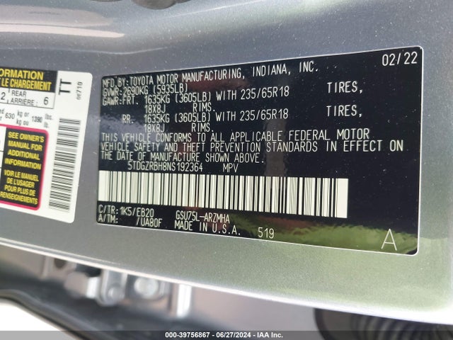 Toyota Highlander Xle 2022 5TDGZRBH8NS192364 Image 9