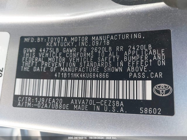 Toyota CAMRY SE 2019 4T1B11HK4KU684866 Image 9