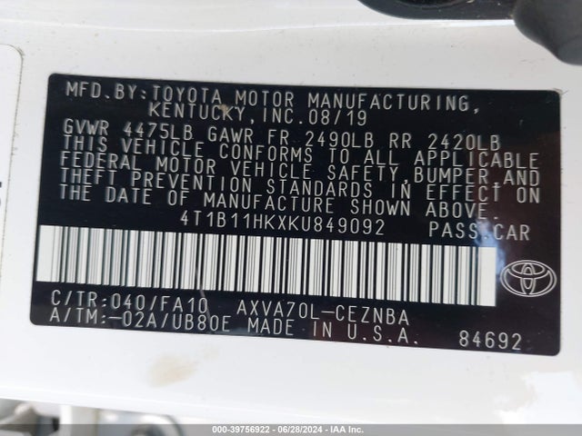 Toyota CAMRY LE 2019 4T1B11HKXKU849092 Image 9