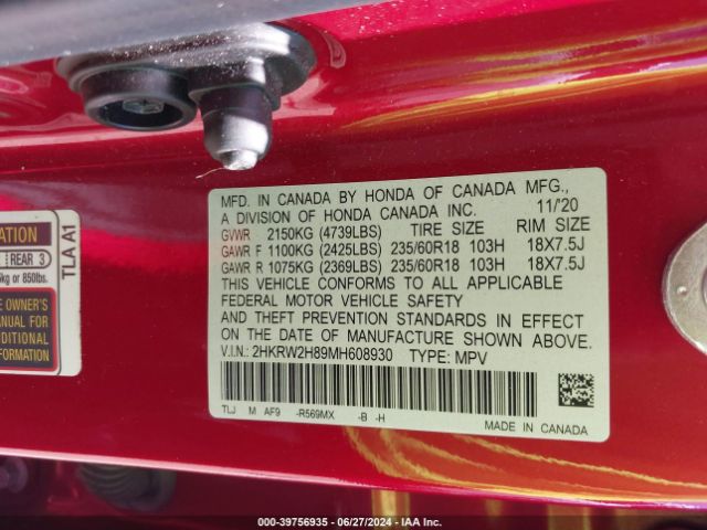 2HKRW2H89MH608930 Honda Cr-v Awd Ex-l