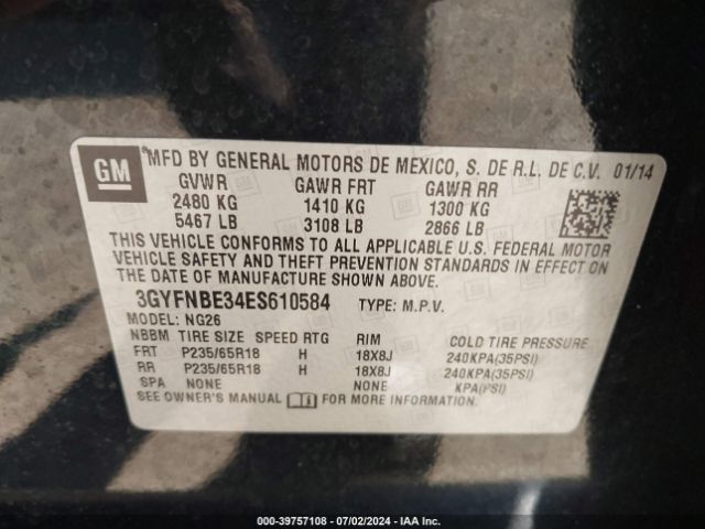 3GYFNBE34ES610584 Cadillac Srx Luxury Collection
