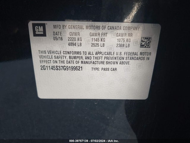 Chevrolet IMPALA 2LZ 2016 2G1145S37G9199621 Image 9