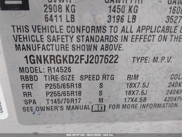 Chevrolet Traverse 1lt 2015 1GNKRGKD2FJ207622 Image 9