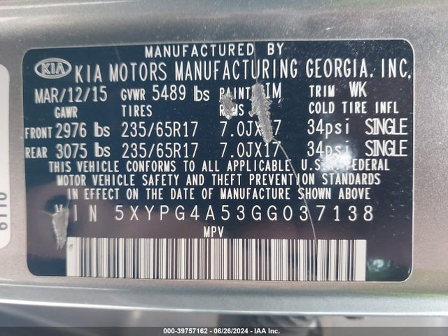 KIA Sorento 3.3l Lx 2016 5XYPG4A53GG037138 Image 9