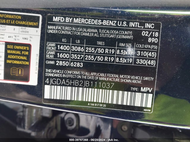 4JGDA5HB2JB111037 Mercedes-Benz Gle 350 4matic