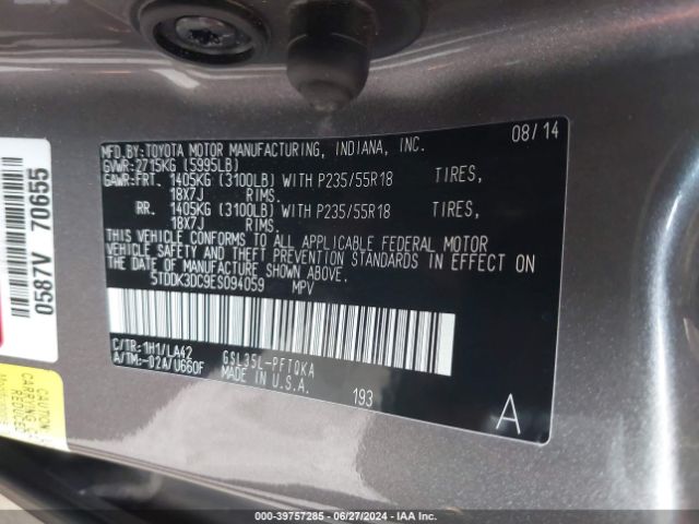 5TDDK3DC9ES094059 Toyota Sienna Limited 7 Passenger