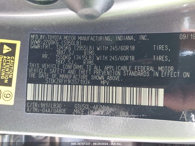 Toyota Highlander Xle 2019 5TDKZRFH1KS571934 Image 9
