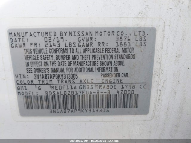 Nissan SENTRA S 2019 3N1AB7AP9KY313305 Image 9